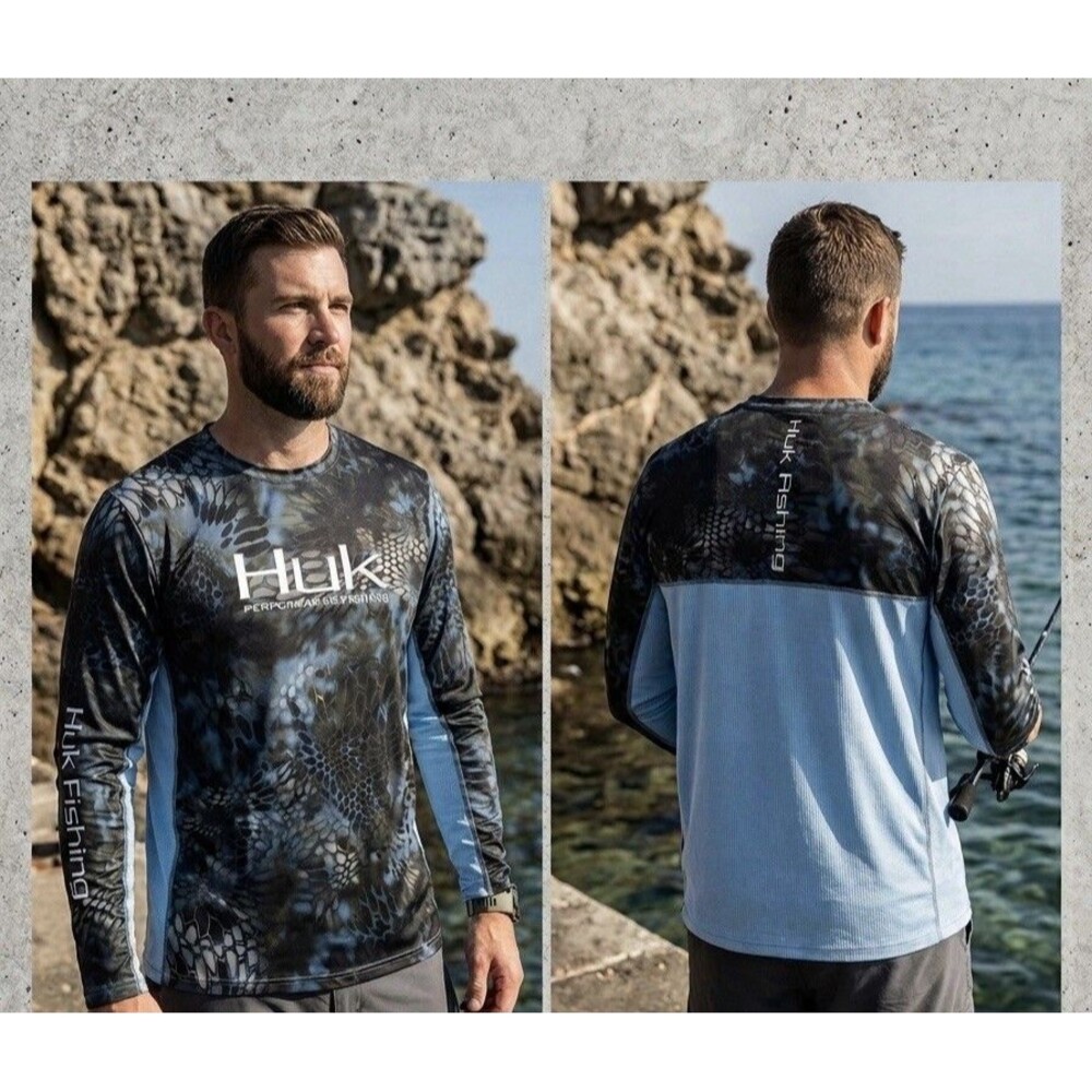 Huk Ice Fishing Shirt Mens Medium Kryptek Neptune Camo Long Sleeve Performance M